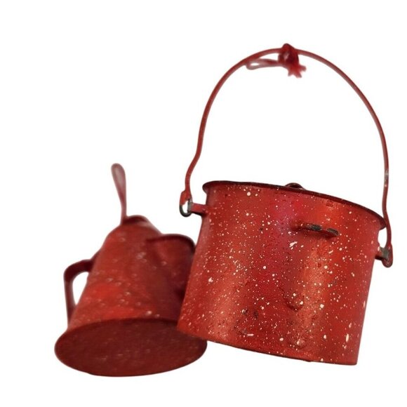 Set Of 2 Miniature Red Speckled Metal Campfire Coffee Pot & Pail Ornament Decor - Picture 7 of 8